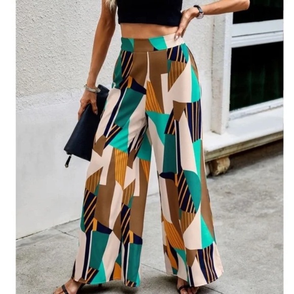 Boho High Waist Print Pocket Wide Leg Palazzo Pants - Picture 4 of 7